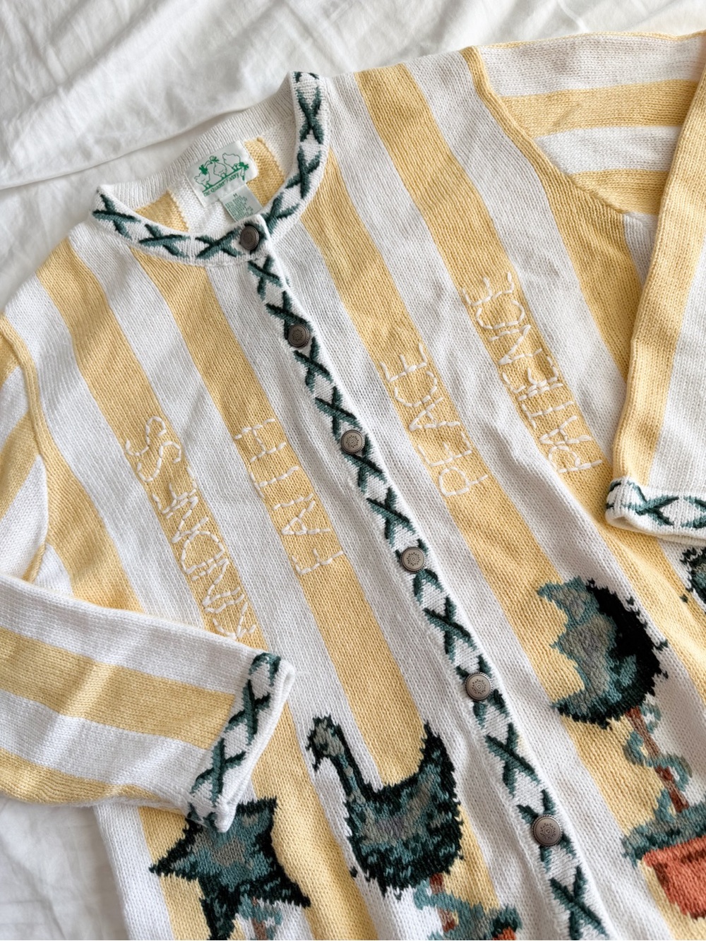 Vintage 1990s Quacker Factory Yellow & White Striped Cardigan